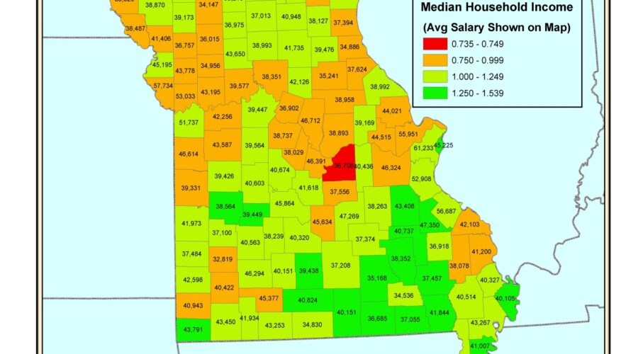 Map of Missouri teacher salaries by county