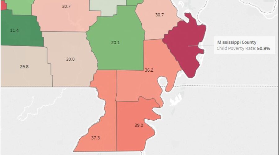 Map of child poverty rate by county in Missouri
