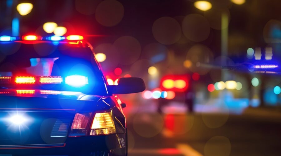 Police car on road at night
