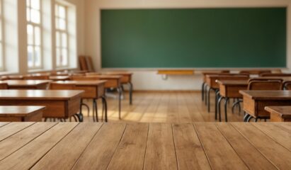 Wooden desks in empty classroom>