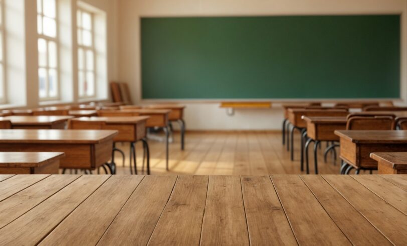 Wooden desks in empty classroom