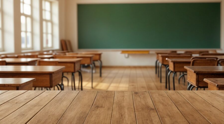 Wooden desks in empty classroom
