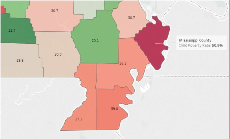 Map of child poverty rate by county in Missouri