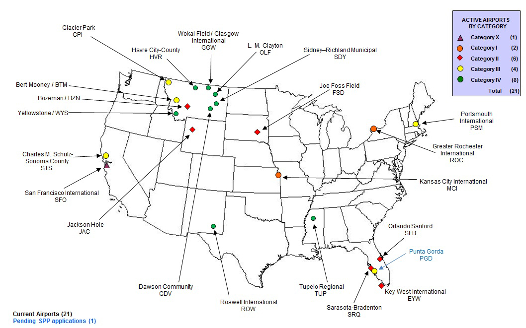 Map showing airports participating in SPP