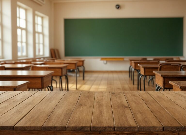 Wooden desks in empty classroom
