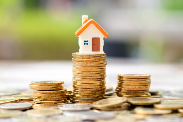 Pile of coins on house