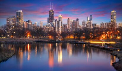 Chicago skyline, Illinois energy policy, free-market energy policy, consumer-regulated electricity>