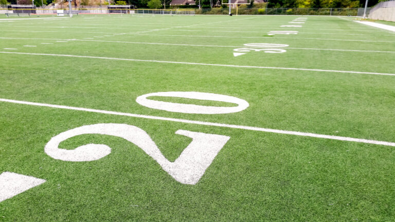 Ground-level view of football field
