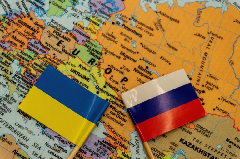 Ukranian and Russian flags