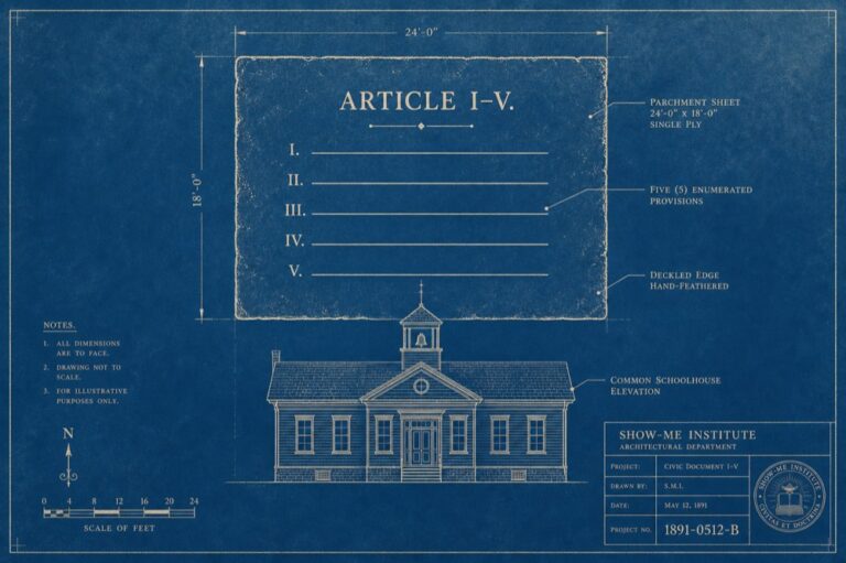 Cyanotype blueprint titled Article I–V over a common schoolhouse elevation, representing the Missouri Parents' Bill of Rights