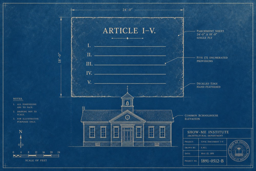 Cyanotype blueprint titled Article I–V over a common schoolhouse elevation, representing the Missouri Parents' Bill of Rights