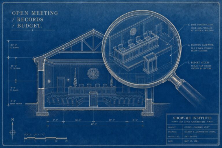 Local Government Transparency — council chamber with magnifying glass