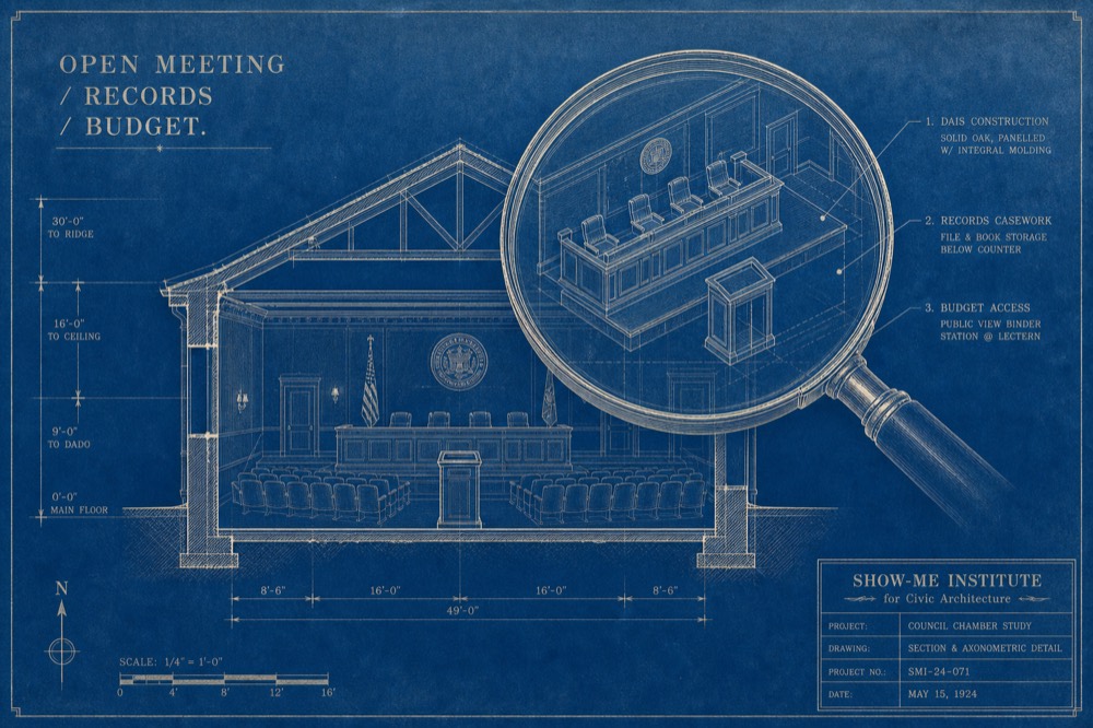 Local Government Transparency — council chamber with magnifying glass