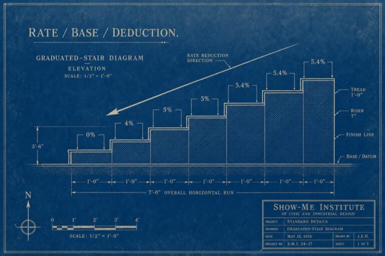 Income Tax Reform — graduated-stair diagram with descending arrow