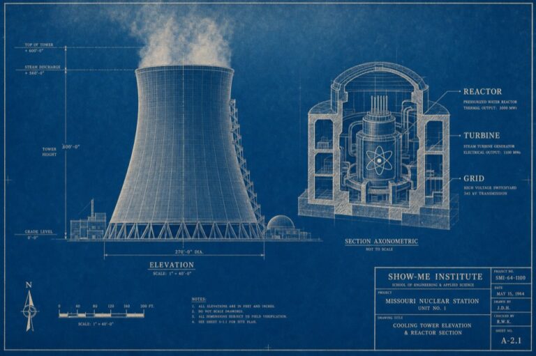 Nuclear Energy — cooling tower with reactor section callout