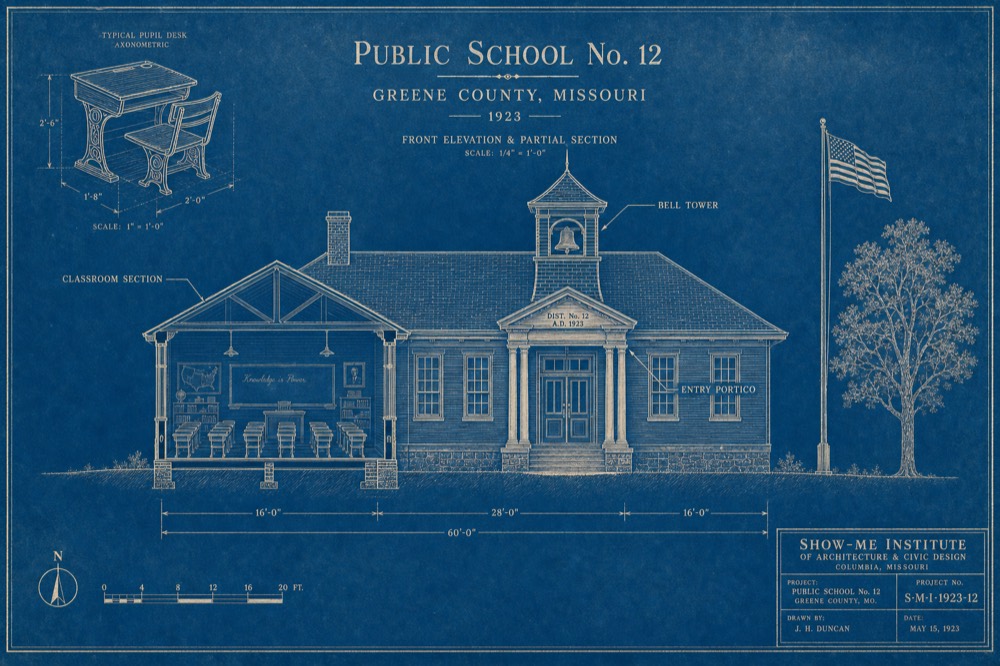 Cyanotype blueprint of a Missouri public schoolhouse with classroom section cutaway