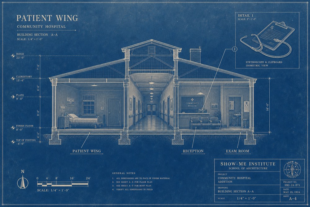 Cyanotype blueprint of a community hospital wing in cross-section