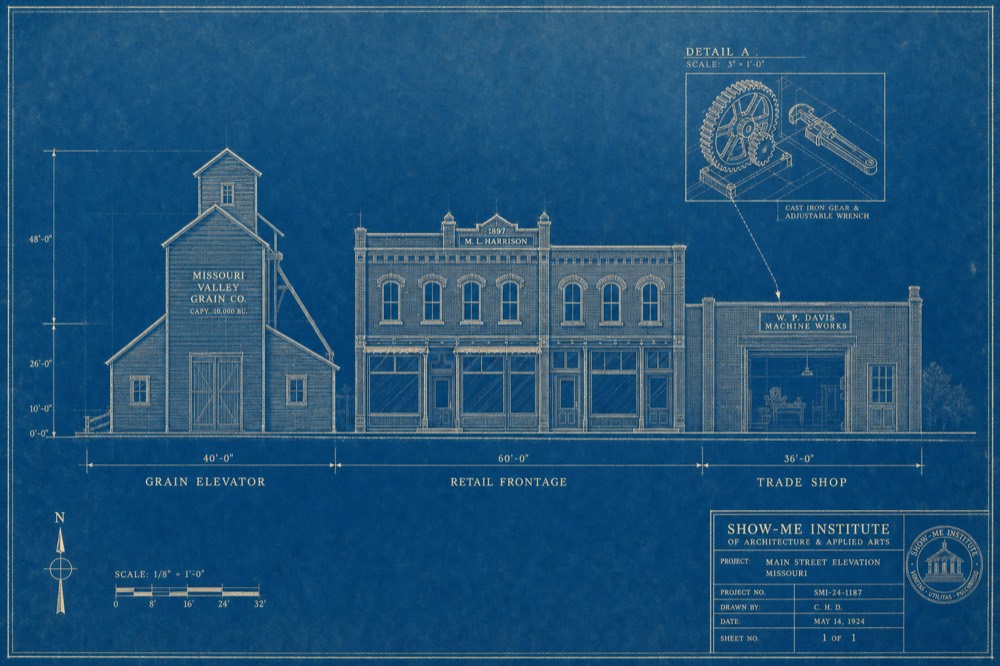 Cyanotype blueprint of a Missouri main-street streetscape