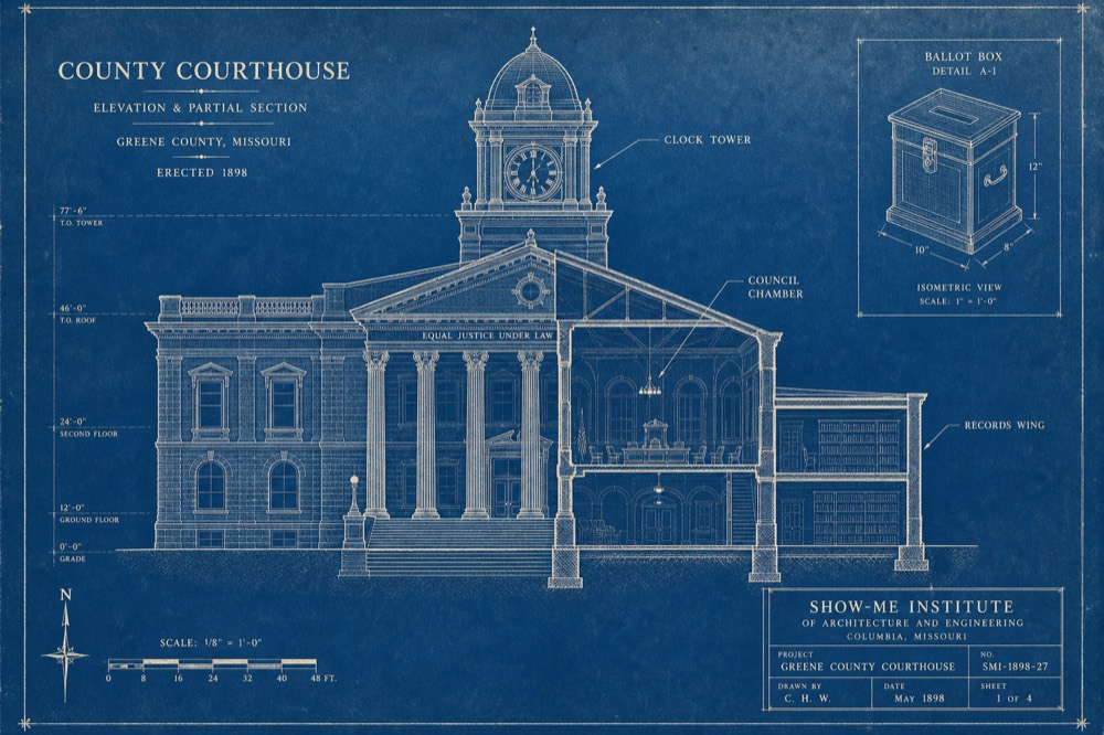 Cyanotype blueprint of a county courthouse with council chamber